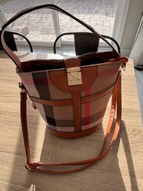 Plaid Brown Faux Leather-Trim Bucket Bag